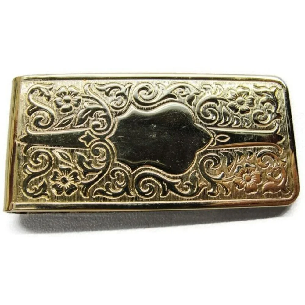Calibri Gold Tone Floral Etched Monogramable Money Clip Stainless Steel Wallet